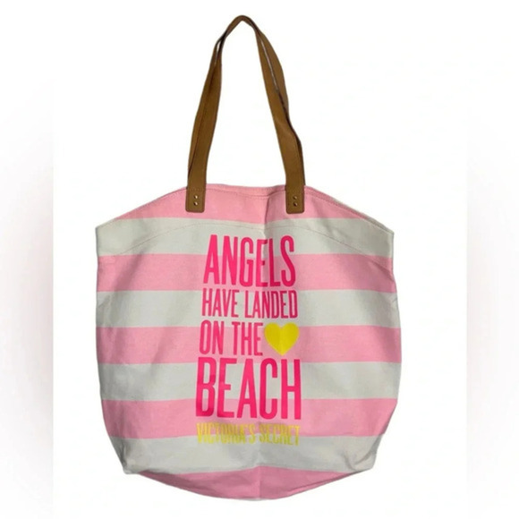 Victoria Secret Pink &‎ White Striped Tote  “Angels Have Landed on the Beach” - Picture 1 of 7